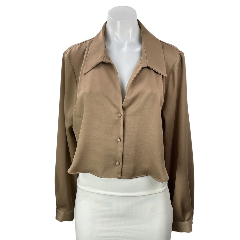 Zara Women's Tan Beige Long Sleeve Cropped Boxy Button Down Shirt Top Size XL